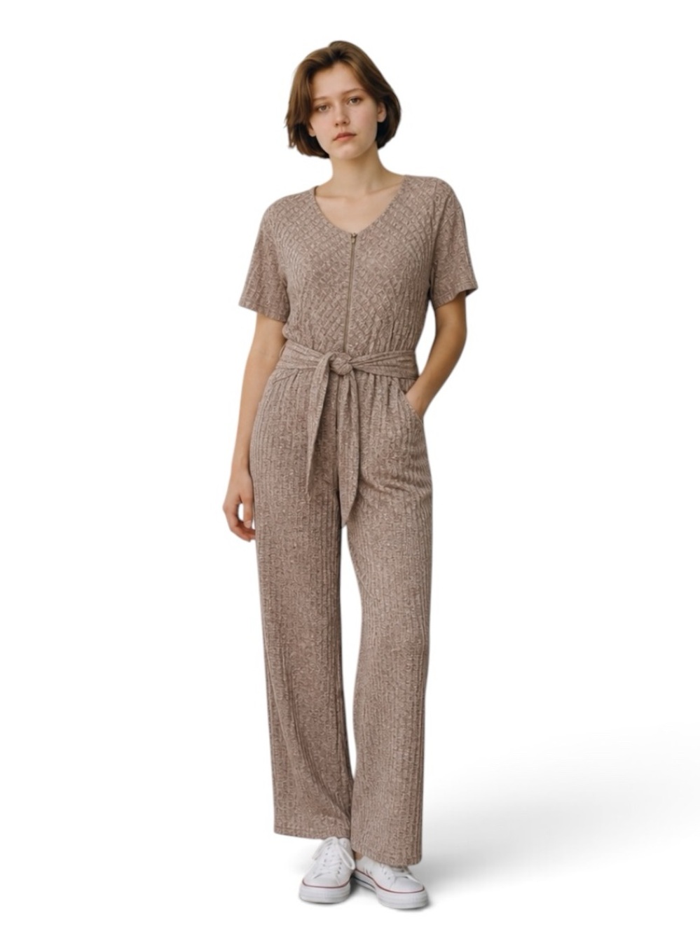 Polagram Heathered Taupe Short-Sleeve Knit Jumpsuit Tie Waist Zip Front Sz Small